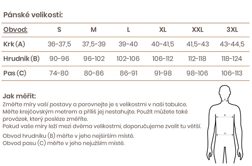 Panské tričko tabulka velikostí