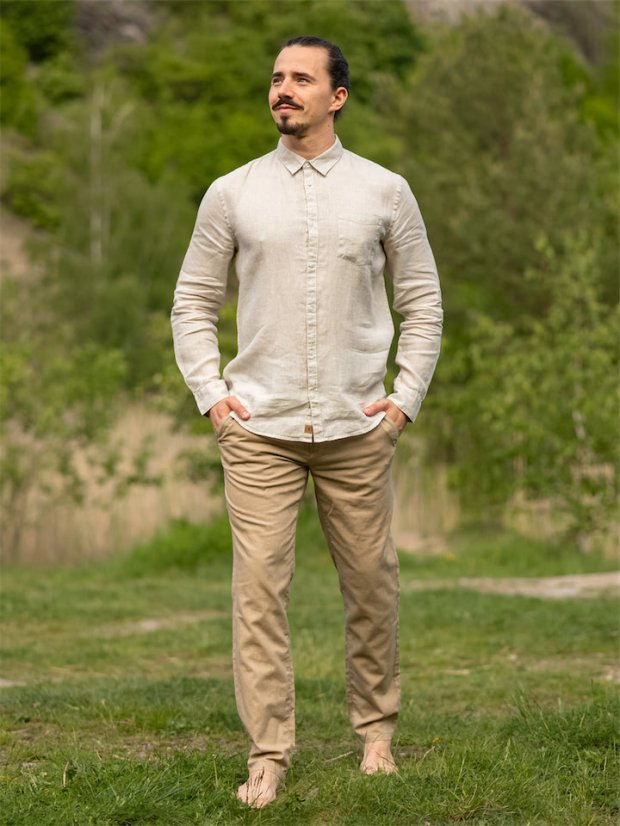 Pánské lněno-bavlněné kalhoty - hnědé