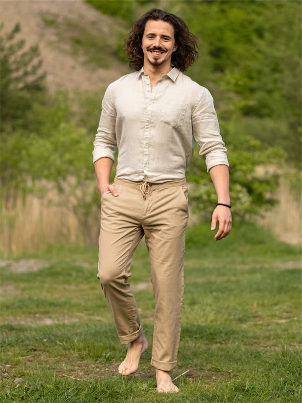 Pánské lněno-bavlněné kalhoty - hnědé