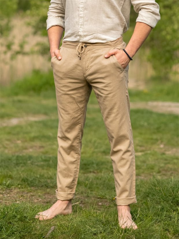 Pánské lněno-bavlněné kalhoty - hnědé