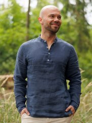 Pánská lněná polokošile - modrá