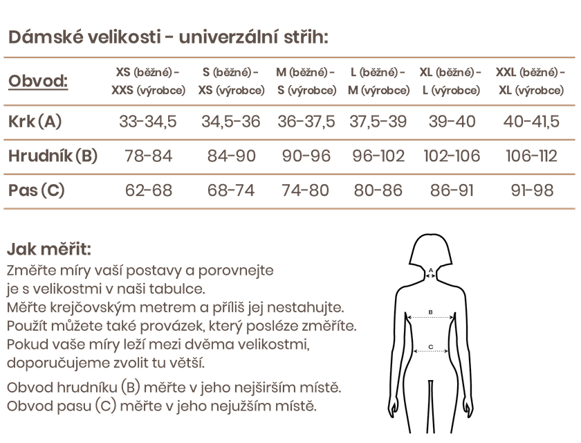 Dámské tričko - tabulka velikostí
